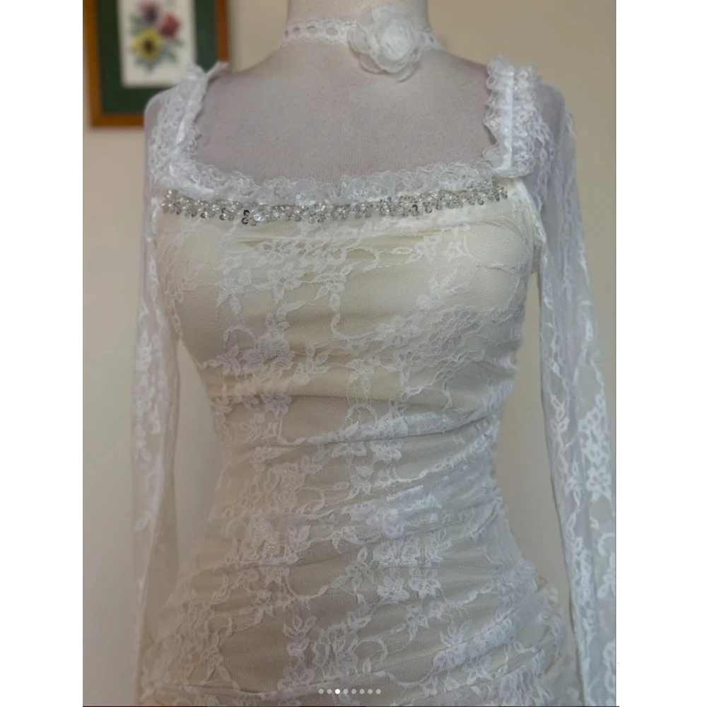 

Ivory Wedding Dress Lace Pearls Sequins Long Sleeves Customized Square Neck Sheath Bridal Dresses For Women