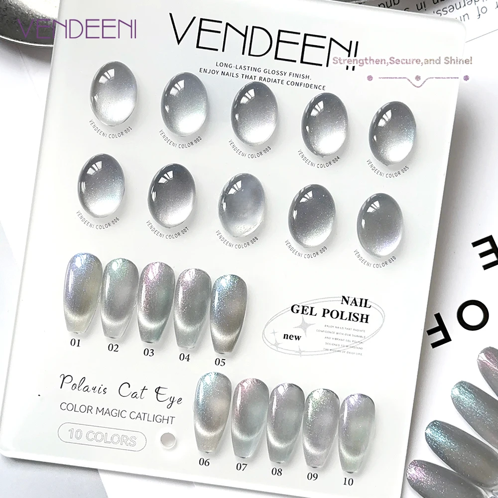 Vendeeni 10 Kolorów/Zestaw Brokatowy Lakier Hybrydowy do Paznokci Efekt Kociego Oka Srebrnoszary Kryształowy Magnetyczny Lakier Hybrydowy z Kolorownikiem