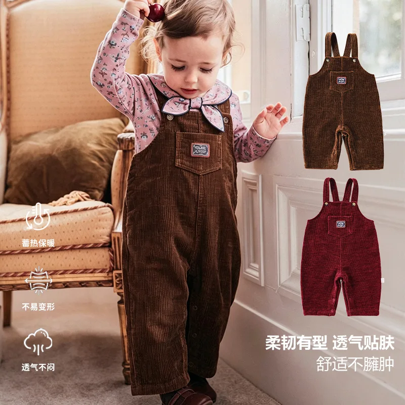 ZOETOPKID Toddler Baby Boys Suspender Pants Overalls Kid Girls Solid Color Corduroy Pocket Trousers Children's Clothing Jumpsuit