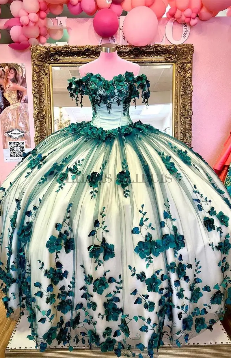 ایمرالڈ گرین بال گاؤن Quinceanera ڈریسز 3D Flowers Beads Applique Sweet 15 16 Dress Party Wear Xv Años