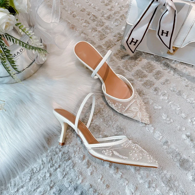 

2026 Pointed Toe Bag Head Back Empty Solid Color Embroidered Pointed Toe Thin Heel High Heel Want Muller Women's Shoes Slippers