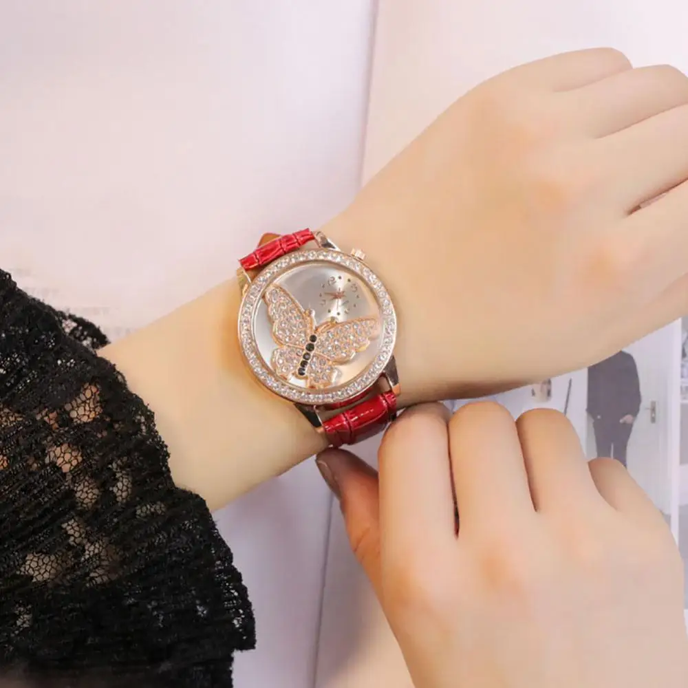 Reloj de lujo con diamantes de imitación de mariposa para mujer, correa de cuero de cristal, reloj de pulsera de cuarzo analógico, relojes casuales para mujer, 2023