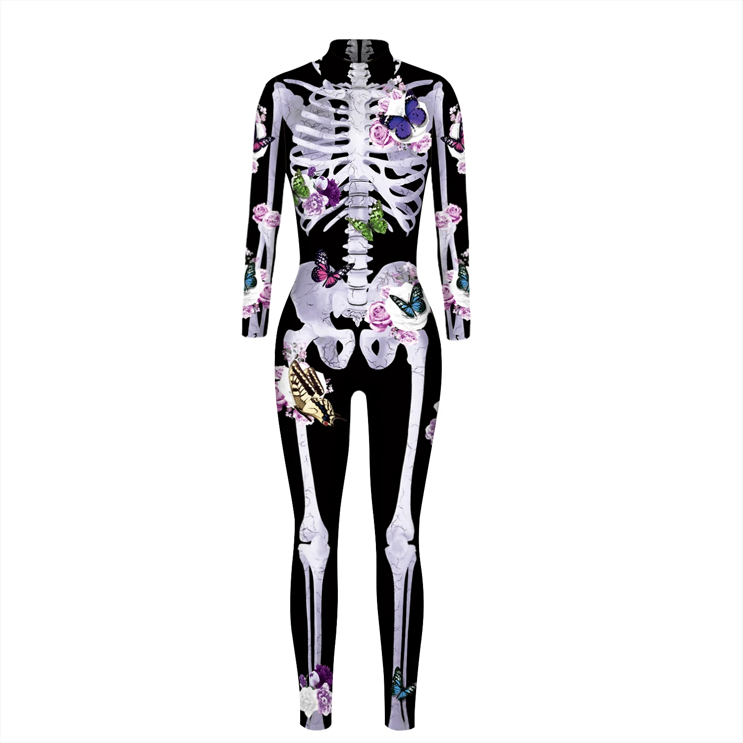 Halloween Tights Adult Costume Line Flower Skull Digital Print Jumpsuit Bodysuits Carnival Party Day Of The Dead Outfit Cosplay