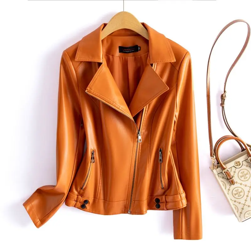 New Women Moto Biker Style Slim Jacket Split Leather Spring Autumn Fashion Suit Collar Long Sleeve Casual Daily Leather Coat