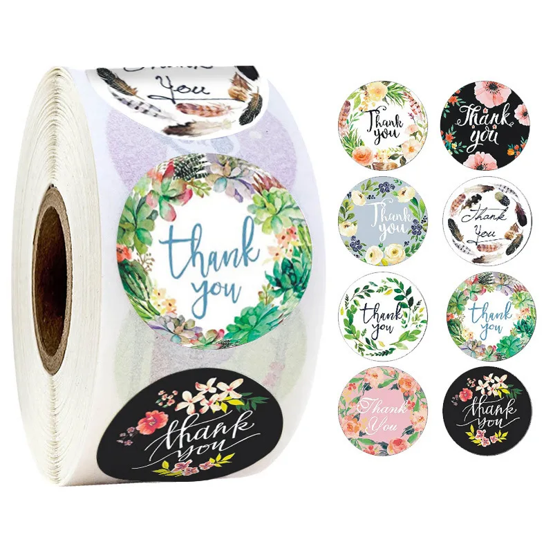 500 PCS Floral Designs Thank You Stickers Rolls for Small Business Greeting Cards Flower Bouquets Self-Adhesive Labels for Gift