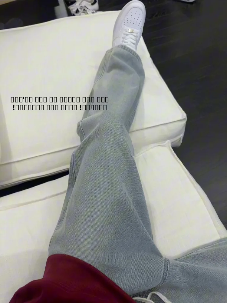 الضوء الأزرق الأمريكية الرجعية Dstring الجينز الرجال الخريف فضفاض مستقيم عالية التخسيس السراويل منتصف الخصر القطن الدنيم الجينز #2