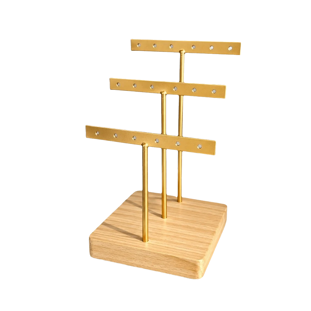 Expositor de pendientes de tres niveles, color negro y dorado, con base de madera desmontable, ideal para guardar joyas, para hacerlo uno mismo, y como elemento decorativo para el hogar.
