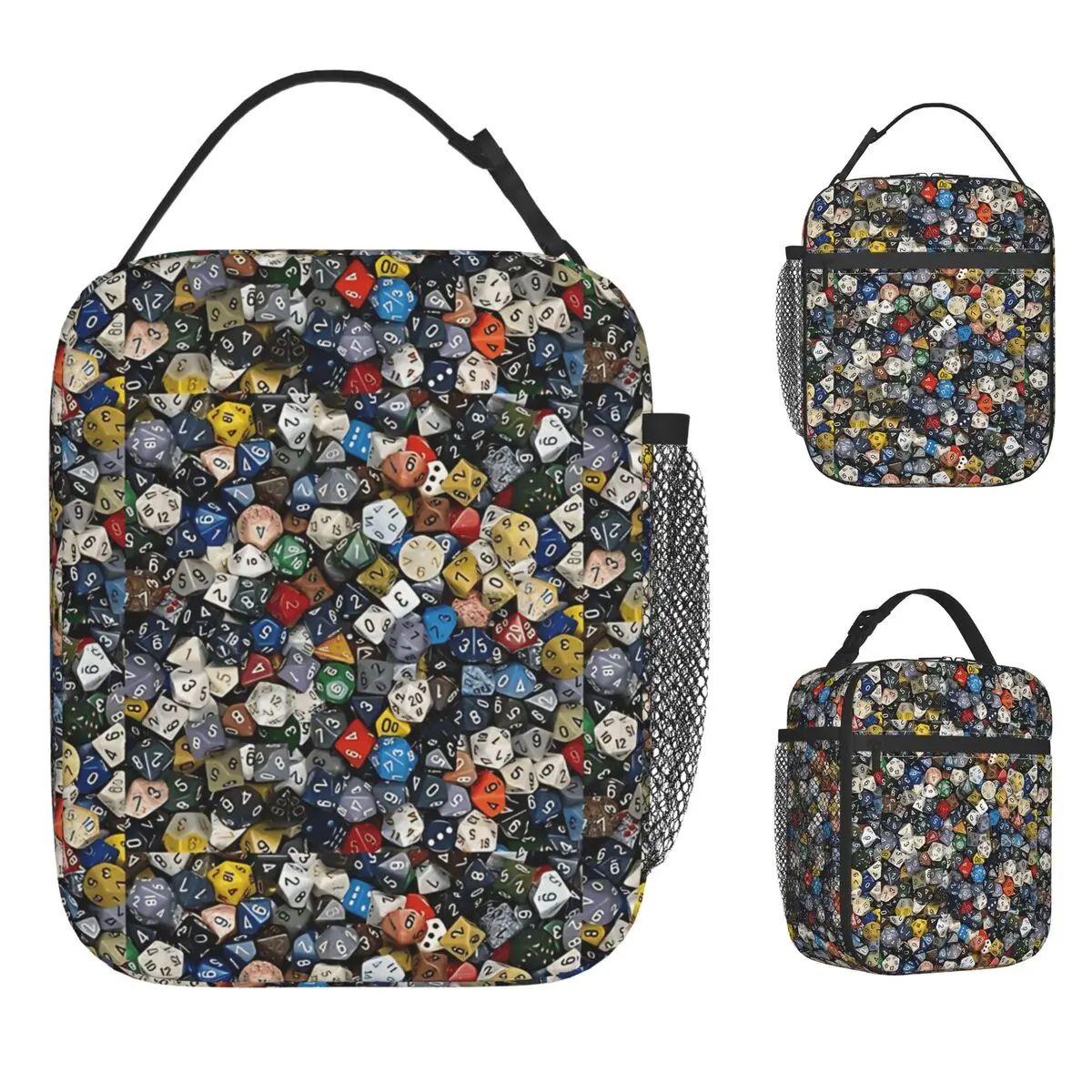

D20 Dice Set Pattern Lunch Bag Fashion Lunch Box Adult Picnic Portable Zipper Cooler Bag Waterproof Print Thermal Tote Handbags
