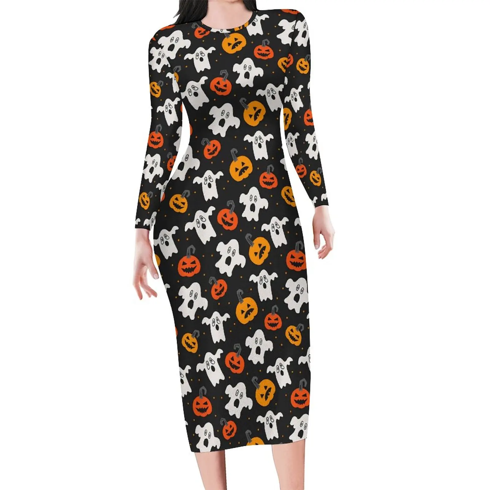 Halloween Spirit Dress Long Sleeve Fun Ghost Club Dresses Holiday Ladies Street Wear Printed Bodycon Dress 3XL 4XL 5XL