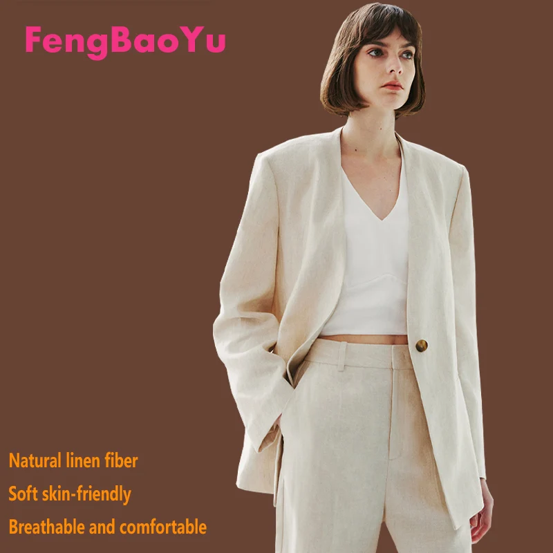 

Fengbaoyu Высококачественный льняной женский костюм с v-образным вырезом на одной пуговице, простой элегантный пиджак для деловой повседневной одежды, модный