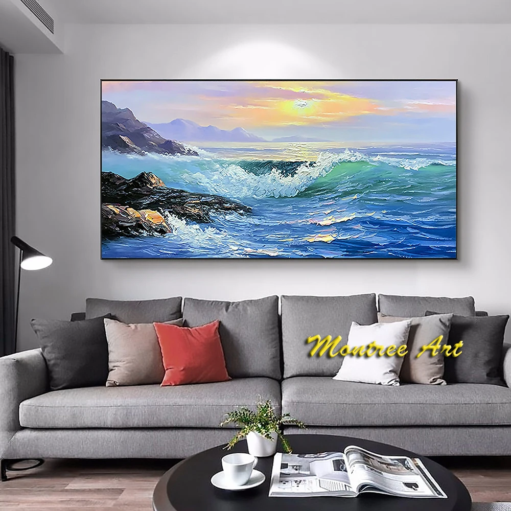 Handmade Oil Painting Large Sunset Seascape Oil Painting Blue Ocean Wave Landscape Acrylic Painting Living Room Wall Art Decor