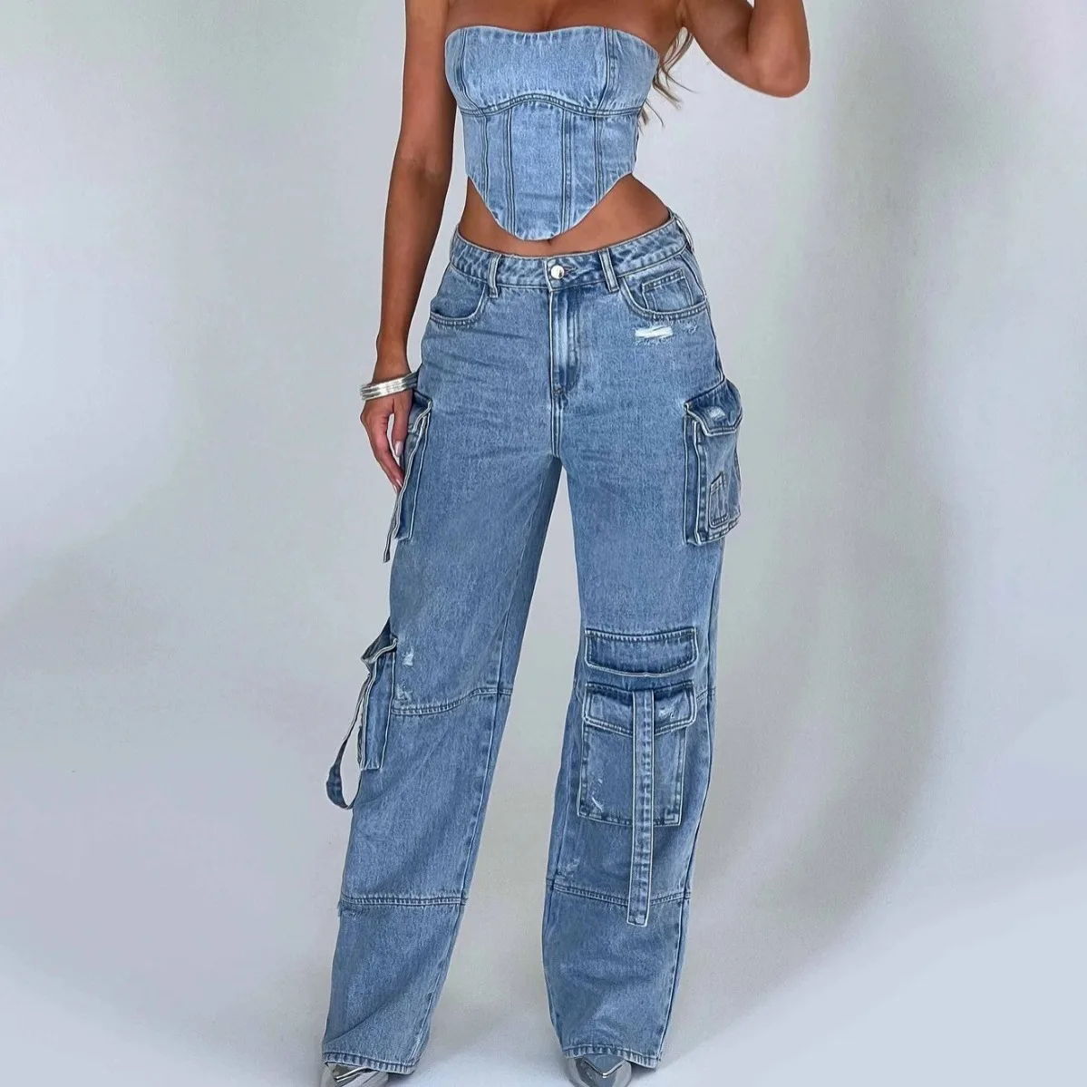 

American Sle Low Waist ket Splicing Jeans Loose Drapey Slimming Long Pants Women Loose Trousers Wide Leg Pants