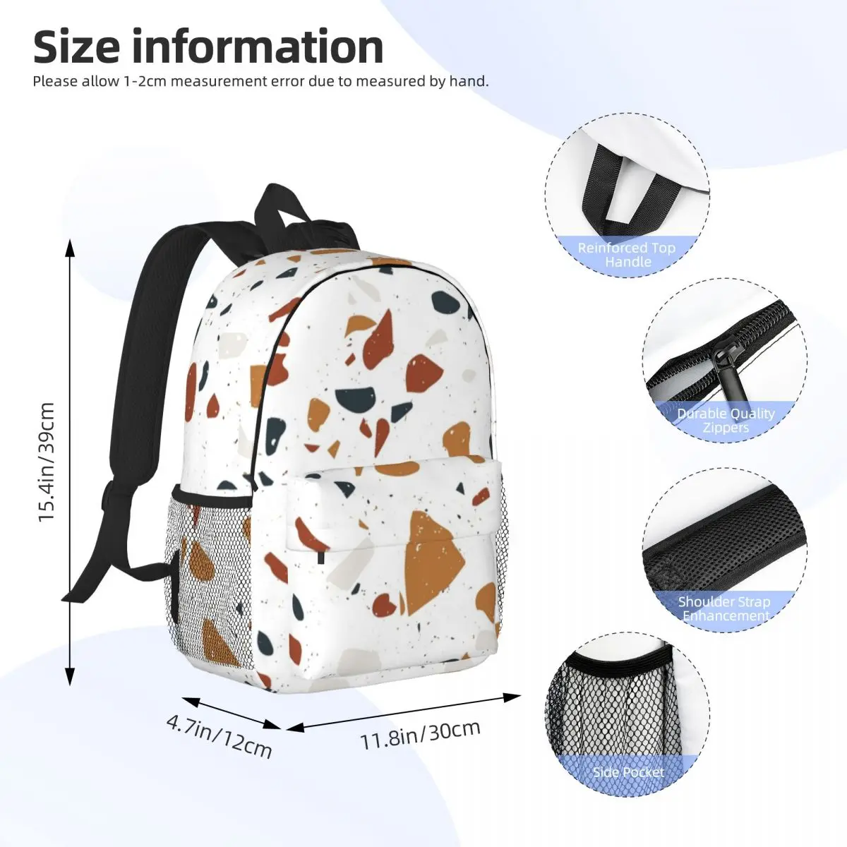 Seamless Terrazzo Stone Pattern Backpacks Teenager Bookbag Cartoon Students School Bags Laptop Rucksack Shoulder Bag