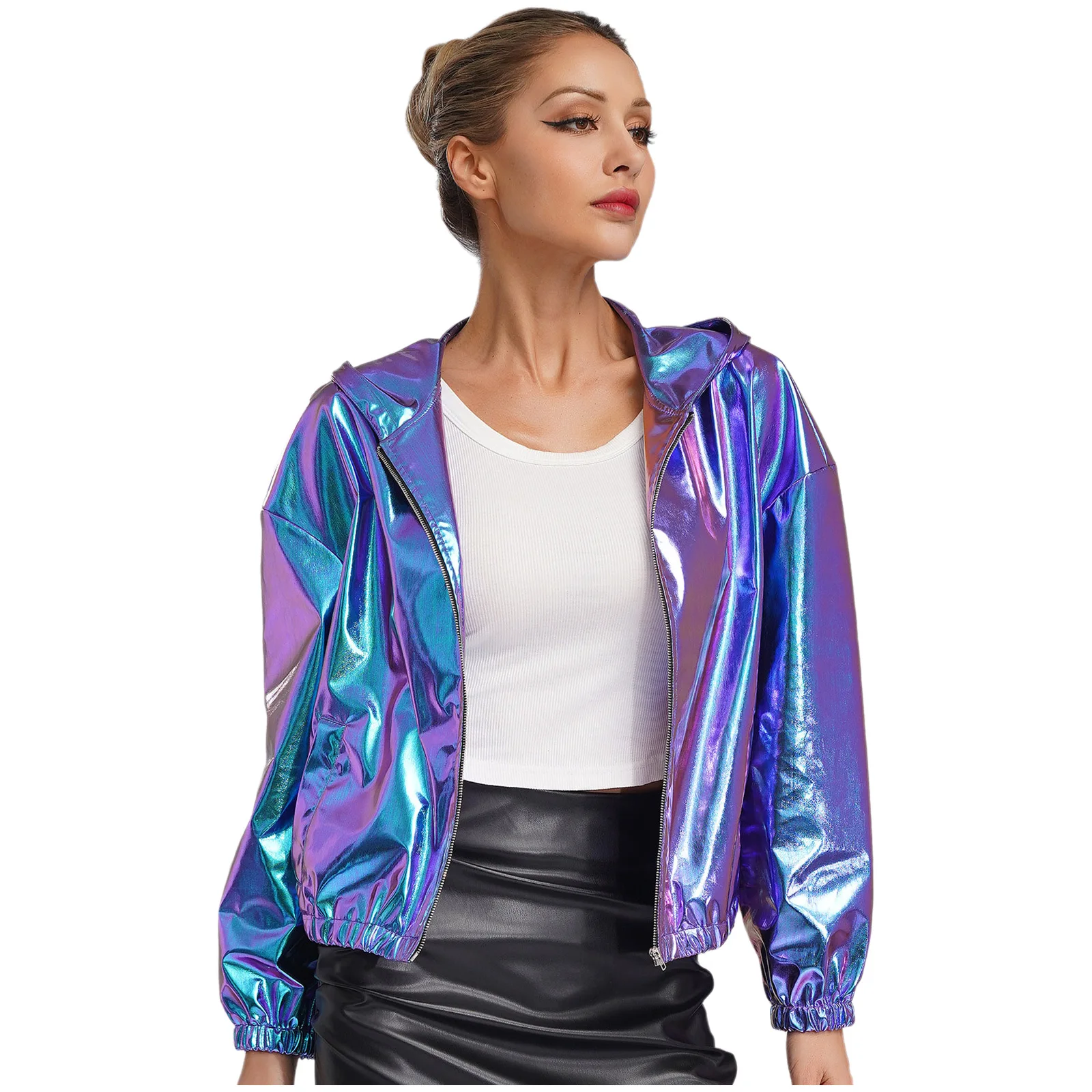 Women Holographic Jacket Coats Long Sleeve Hooded Zipper Jacket Sparkly Metallic Short Jacket Fashion Coat Club Casual Wear