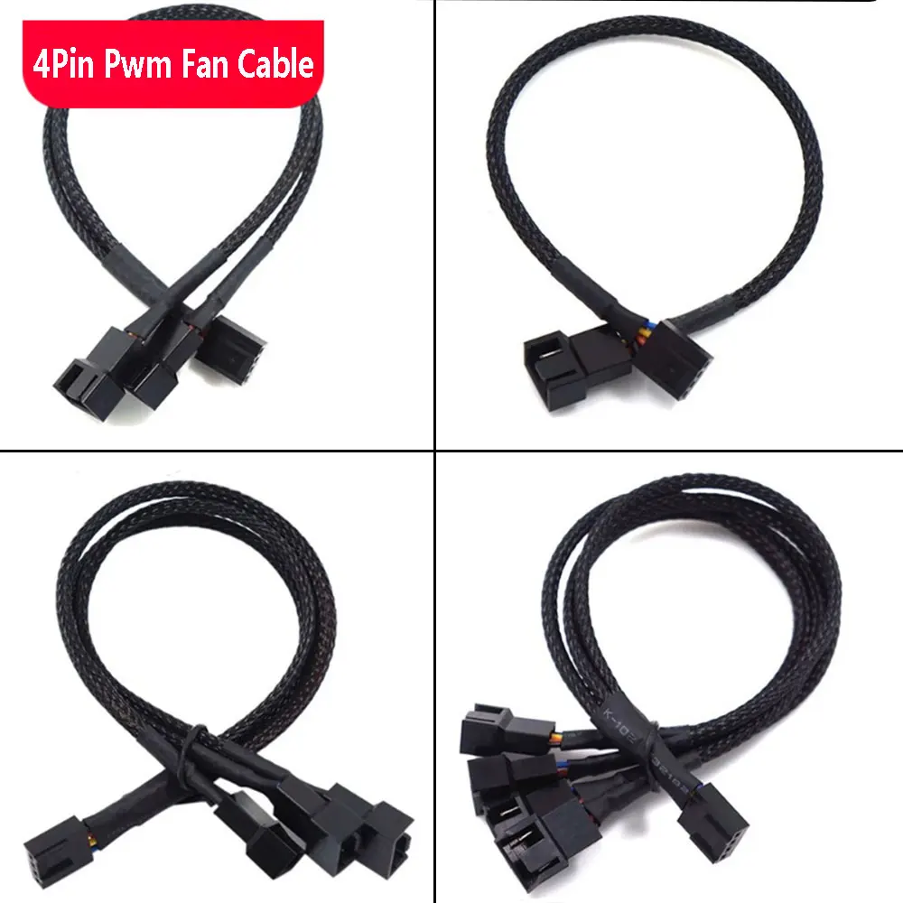 4Pin Pwm Fan Cable 1 To 2/3/4 Ways Splitter Black Sleeved 4P Pwm Fan Cable 27cm Extension Cable Connector PWM Extension Cables