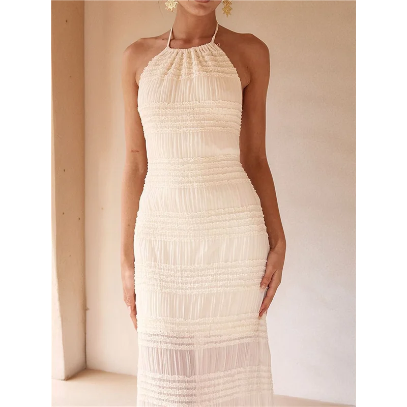 ABRT-dames backless geplooide maxi-jurk halternek spaghettibandjes strand maxi-jurk vakantie casual zonnejurk