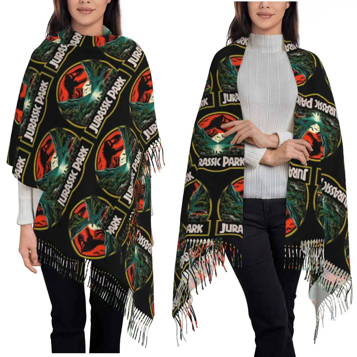 Jurassic World Logo Dinosaur Movie Scarf Tassel Scarves Women Soft Warm Shawls and Wraps Long Fall Winter Shawl Wrap
