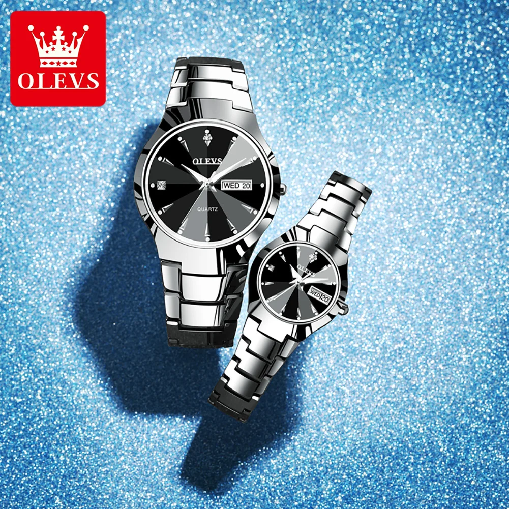 Olevs marca superior casal luxo relógio de quartzo tungstênio aço cinta à prova dwaterproof água data relógios masculino e senhora relógio de pulso luminoso