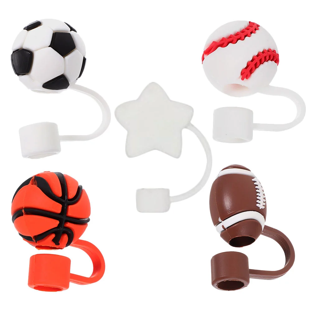 5 Pcs Decorative Straw Caps Football Stopper Silicone Plug Sports Reusable Drinking Tips Lid Silica Gel Cover Soccer