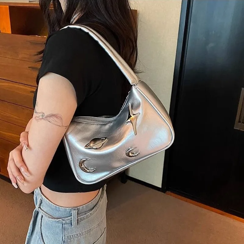 New Trendy Planet Shoulder Bags for Women 2024 Offcie Lady Cool Silver Underarm Bag Solid Simple Subculture PU Hand Bag Bolsa