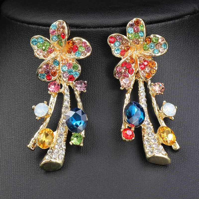 Western Colourful Rhinestone Flower Earrings and Necklace