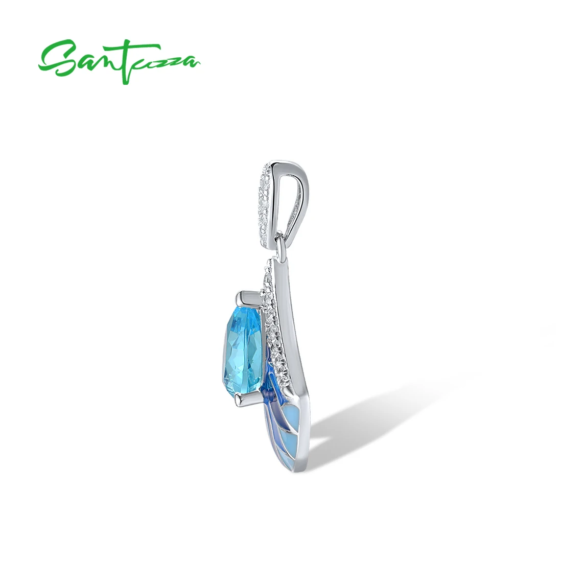 SANTUZZA Genuine 925 Sterling Silver Pendant for Women Sparkling Blue Stone Enamel Elegant Wedding Engagement Fine Jewelry