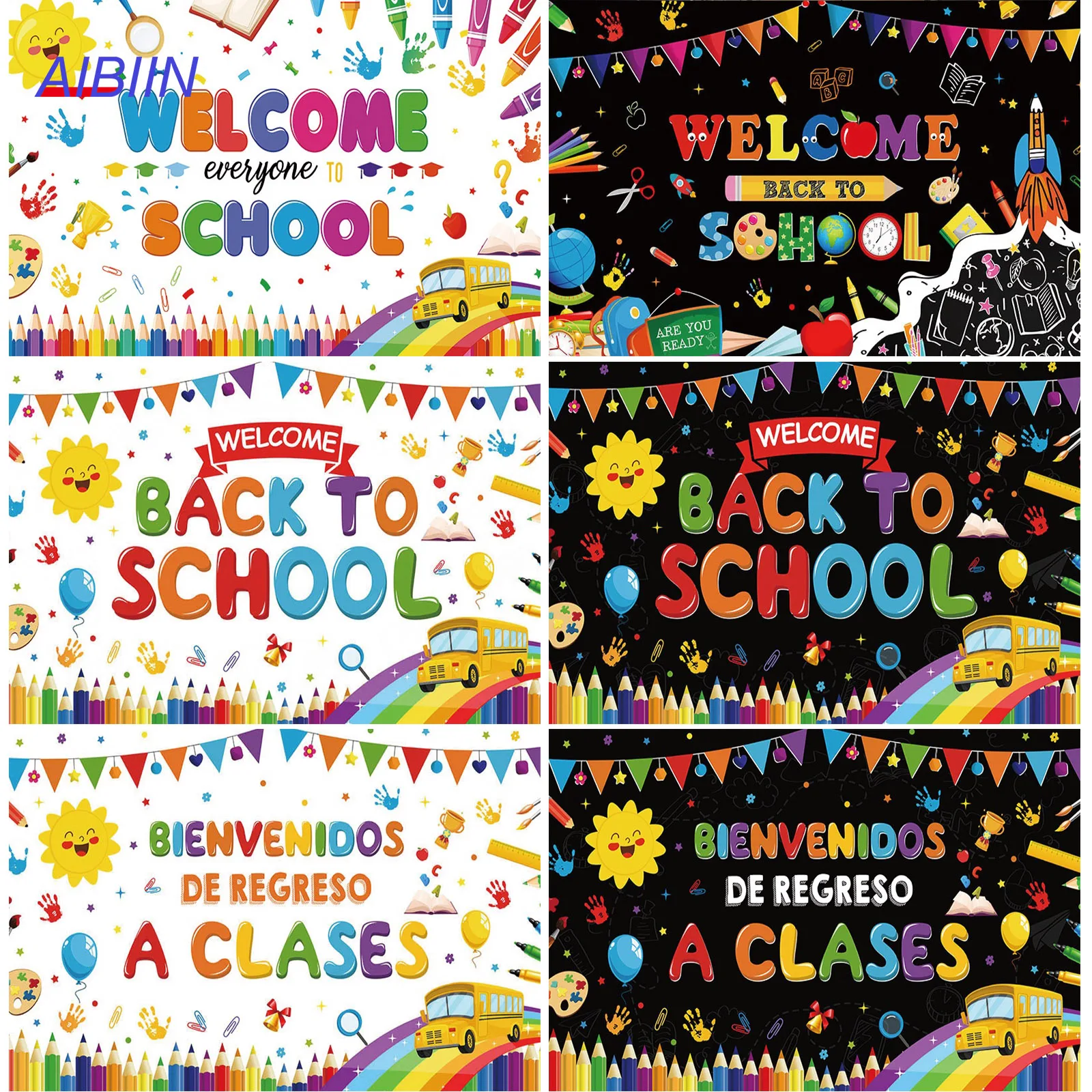 

Фон для детского сада «Снова в школу», черные или белые красочные карандаши, Радуга, автобус, книги, класс, добро пожаловать, вечерние Декор, фон