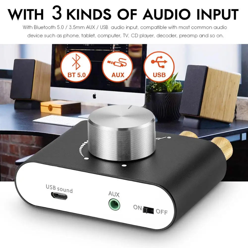 Douk Audio HiFi Bluetooth 5.0 Wzmacniacz mocy Mini TPA3116 Cyfrowy wzmacniacz audio na biurko stereo do samochodu domowego 50W + 50W