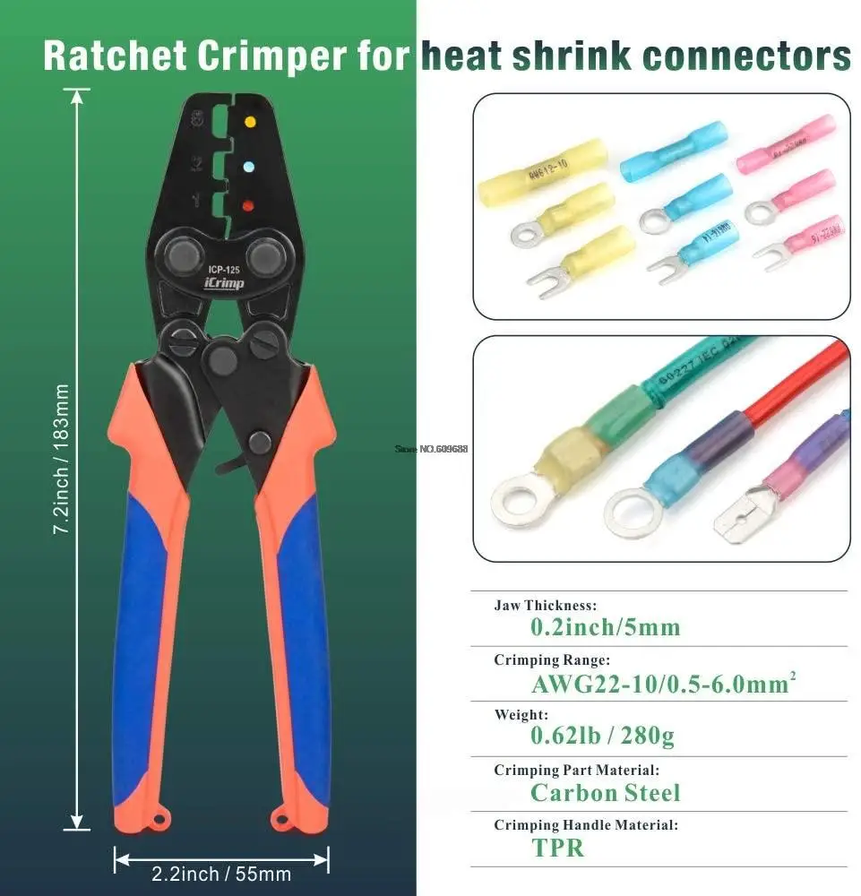 Mini alicates de prensado IWISS ICP-125, práctica herramienta de prensado de cables de trinquete para conectores termorretráctiles de 0,5-6 mm2 (AWG22-10)