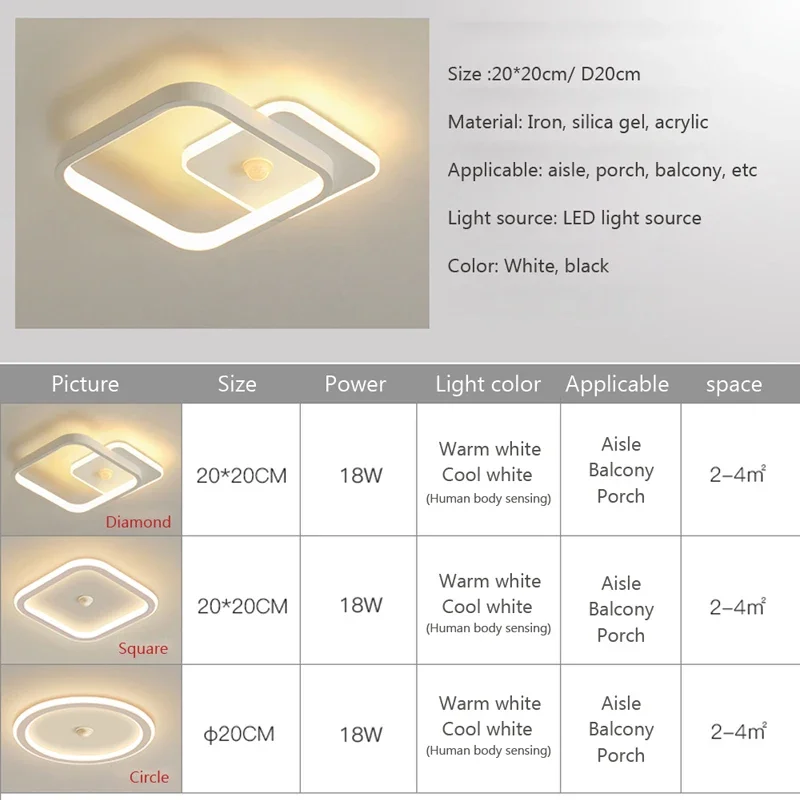 Intelligente LED-Deckenleuchten, menschlicher Sensor, Smart Home-Beleuchtung, AC85–265 V, 18 W, für Eingangsbereich, Flure, Flur, Sensor, Deckenleuchte