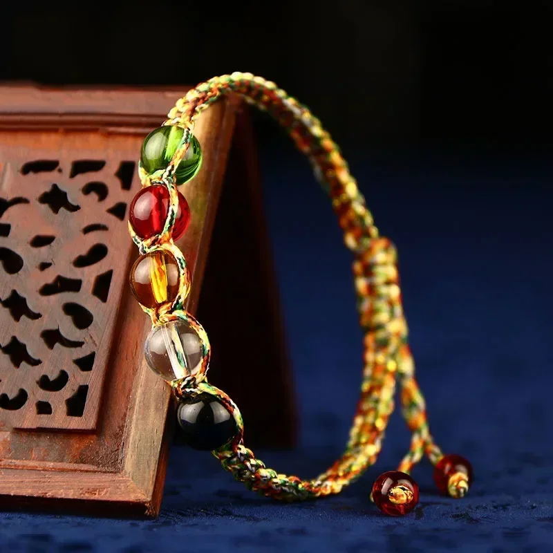 العرقية المنسوجة يدويا متعدد الألوان حبل 5 ألوان الزجاج الخرز تمتد الصينية خمسة عناصر فنغ شوي حبل سحر محظوظ أساور