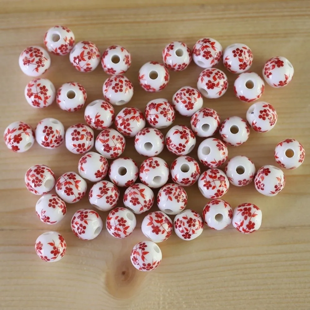 30pcs/set Creative DIY Ceramic Beads Flowers Printed Ancient Style Chinese Style Beads Round Loose Form Jewelry Making