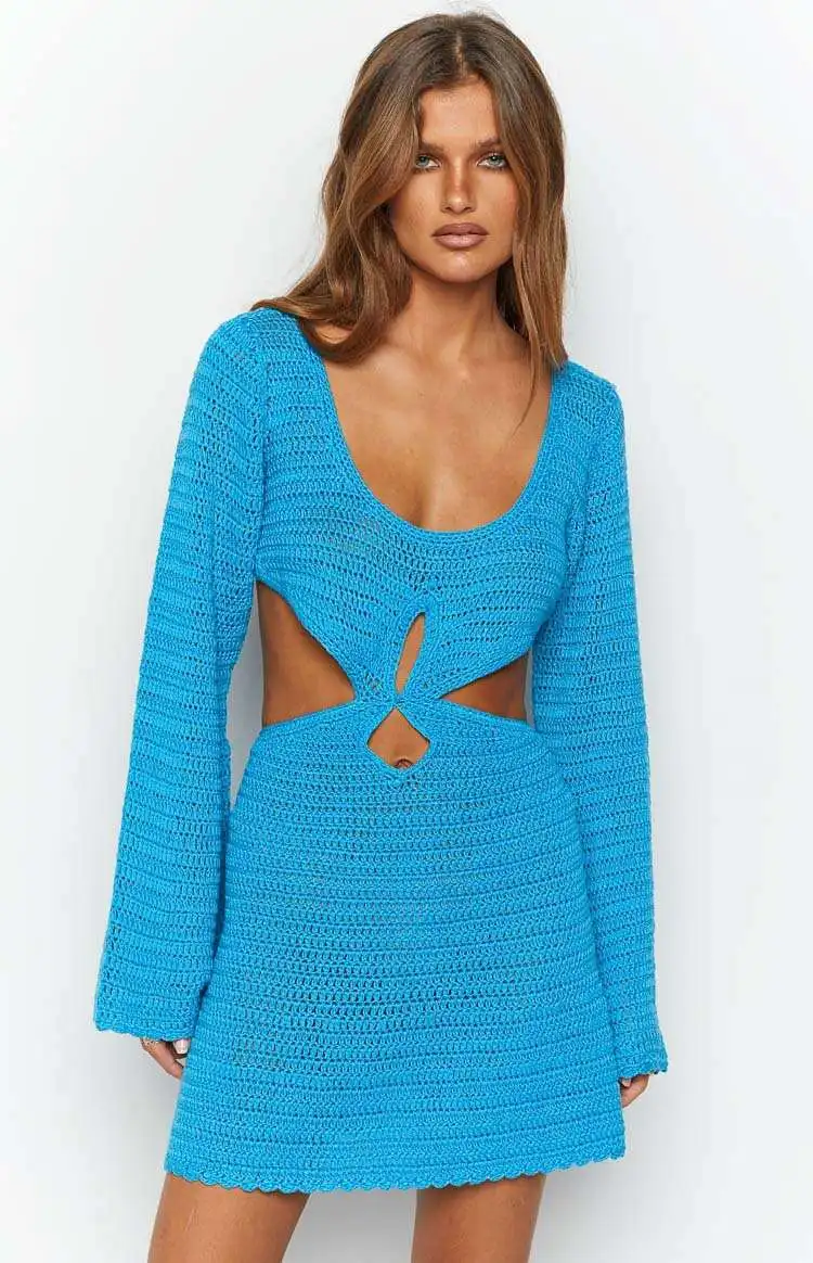 Sexy évider haut tricoté coupe basse Bal Dr femmes Faion automne nouveauté couleur Pure taille haute évasé Sve Dr