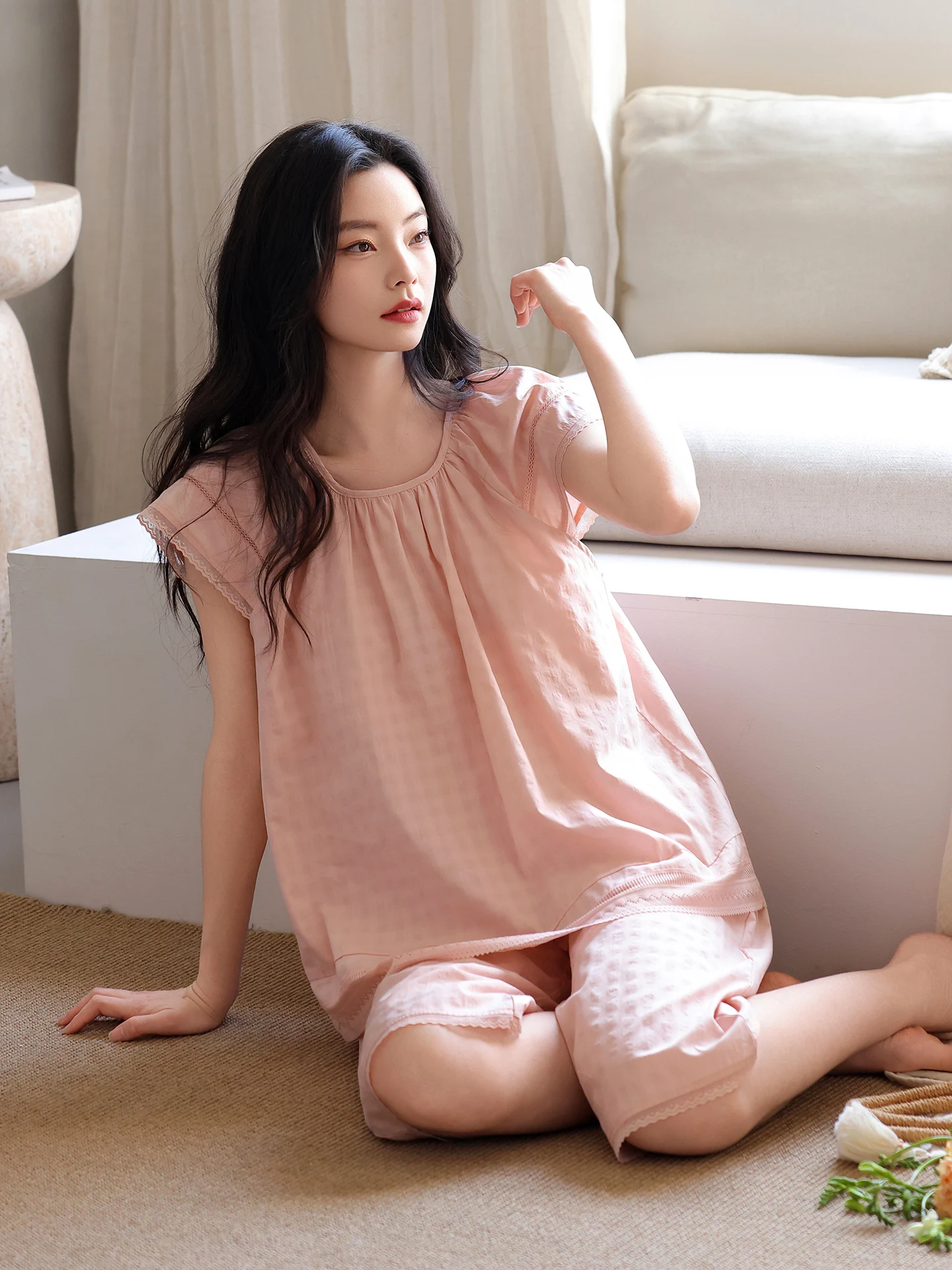 summer-ladies-sleepwear-with-chest-pad-thin-puff-cotton-cotton-silk-seven-foot-pants-loose-fit-home-clothes-suitable-for-outdoor