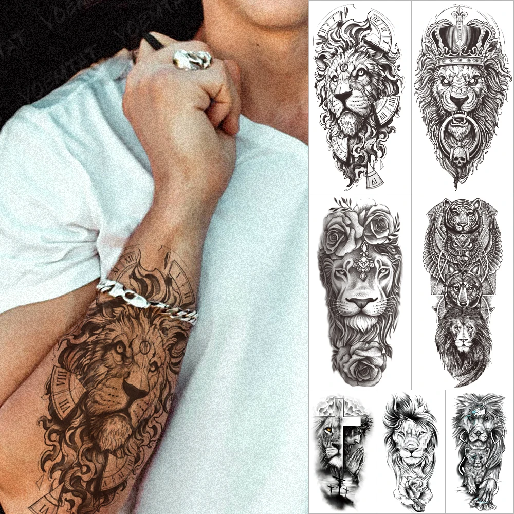 

Waterproof Temporary Tattoo Stickers Realistic Clock Lion Tatto Crown Jewelry Animal Women Men Arm Body Art Fake Sleeve Tattoos