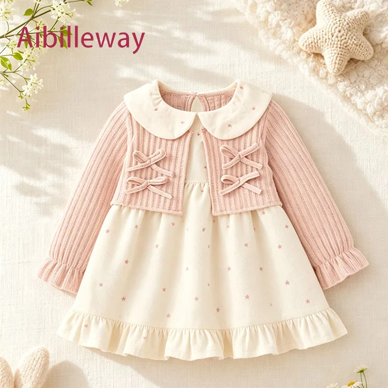 Spring Autumn Toddler Girl Long Sleeve Knit Bow Delicate Dress Sweet Infant Soft Daily Outfit Children Clothing Kid Costume