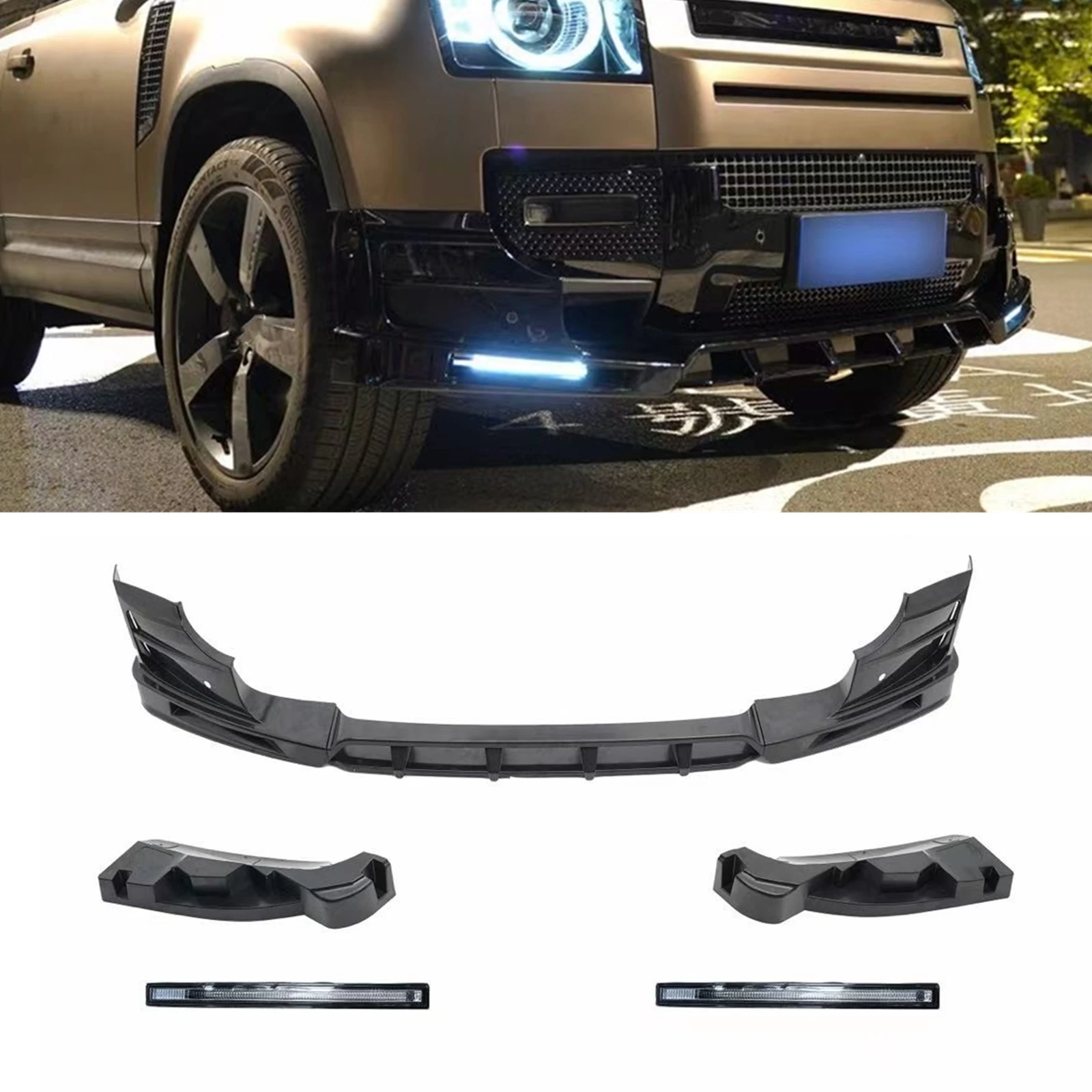 

Front Bumper Spoiler Lip Blade Lower Guard with Light For Land Rover Defender 2020 2021 2022 2023 2024