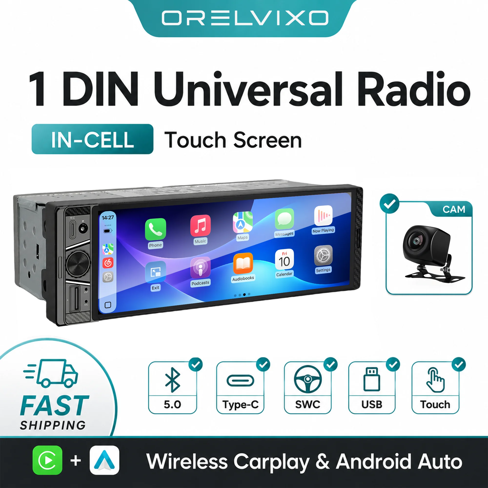 6.36 Inch 1 DIN Car Radio 1280x480 Touchscreen Wireless CarPlay Android Auto FM MP5 Car Player Car Stereo Multimedia Head Unit