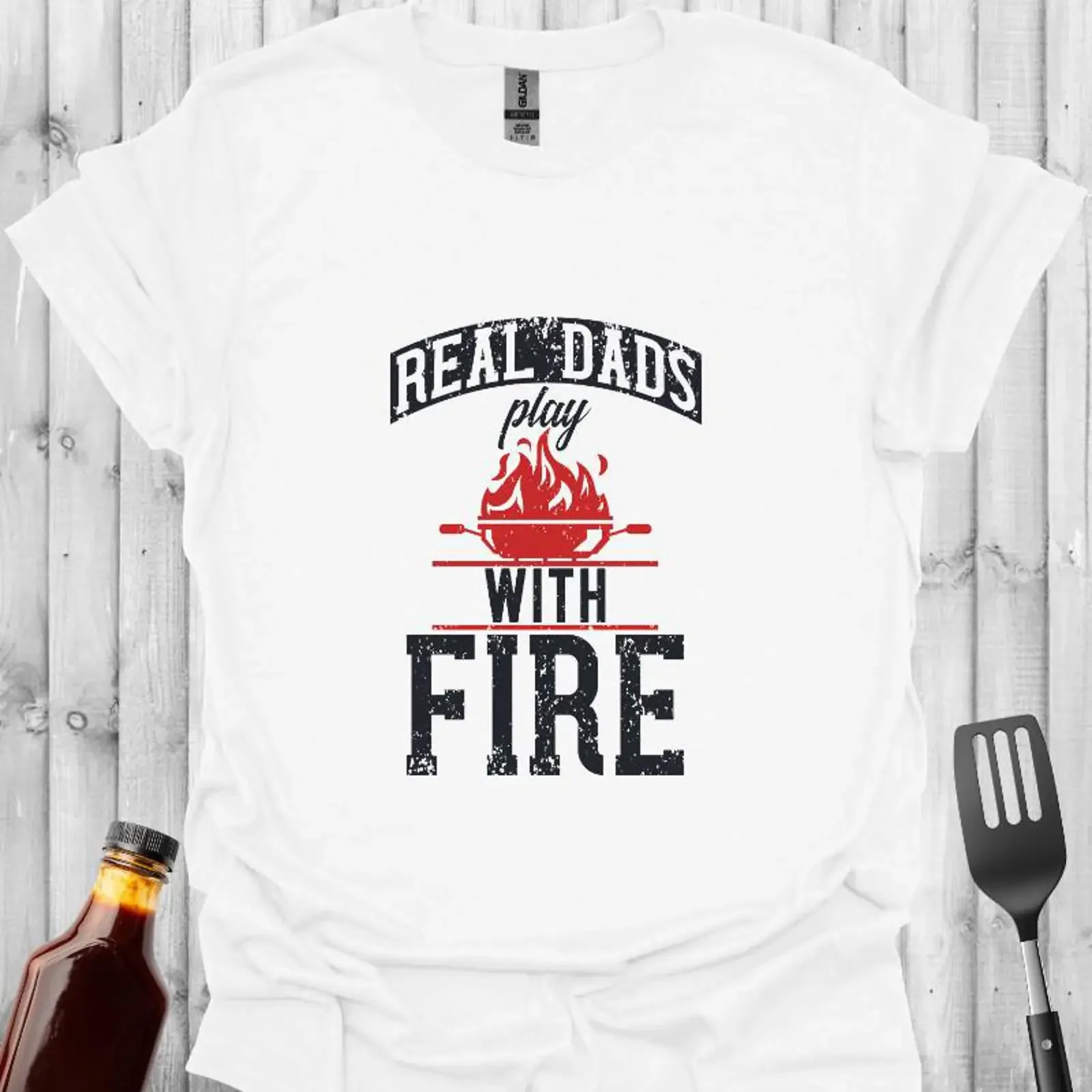 Real Dads Play With Fire T Shirt BBQ Pitmaster Humor vintage Washed Stylish graphic fashion Top For Everyday Wear Casual
