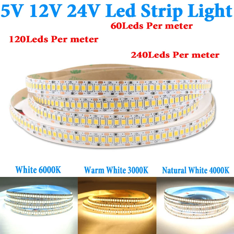 LED 5V 12V 24V Led Strip Light PC SMD 2835 120led/M 240led/M White Ledstrip Waterproof Luces LED Strip Tape Light Strip Flexible