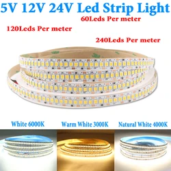 Tira de Luces LED de 5V, 12V, 24V, PC SMD 2835, 120led/M, 240led/M, blanco, resistente al agua