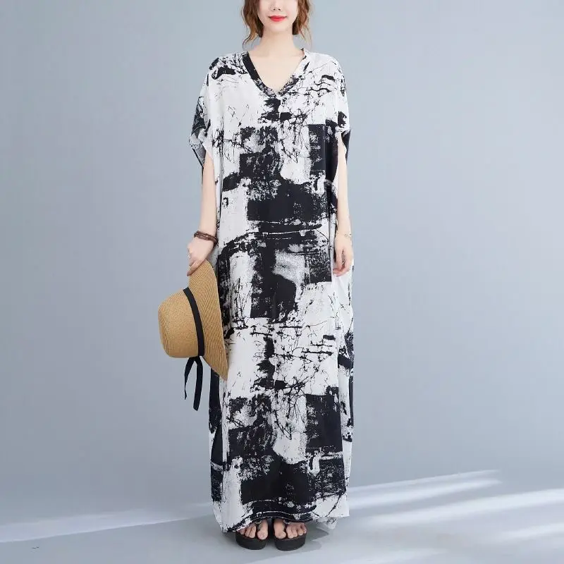 

Summer New Women's V-Neck Printing Patchwork Asymmetrical Raglan Sleeve Fashion Elegant Loose Minimalist Straight Long Dress