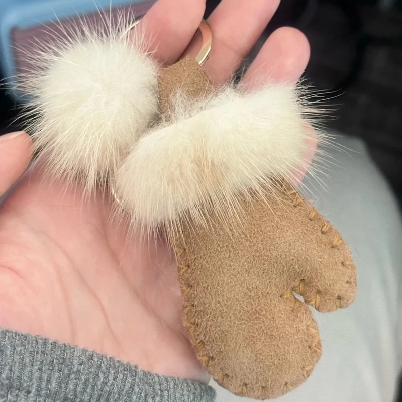 Mitten Shaped Pendant Keychain Plush Mink Fur Bag Charm Soft Backpack Car Key Holder Keyrings Accessories Fashion Couple Gifts
