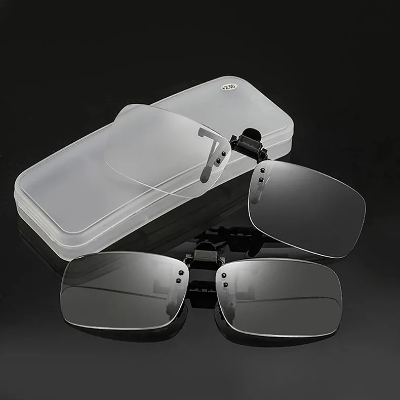 Vergrößerungs-Clip auf Glas, randlose Linsen, Lesebrille für Herren, Lesesonnenbrille mit Dioptrien, Lupenlinsen mit Box – Detail 2
