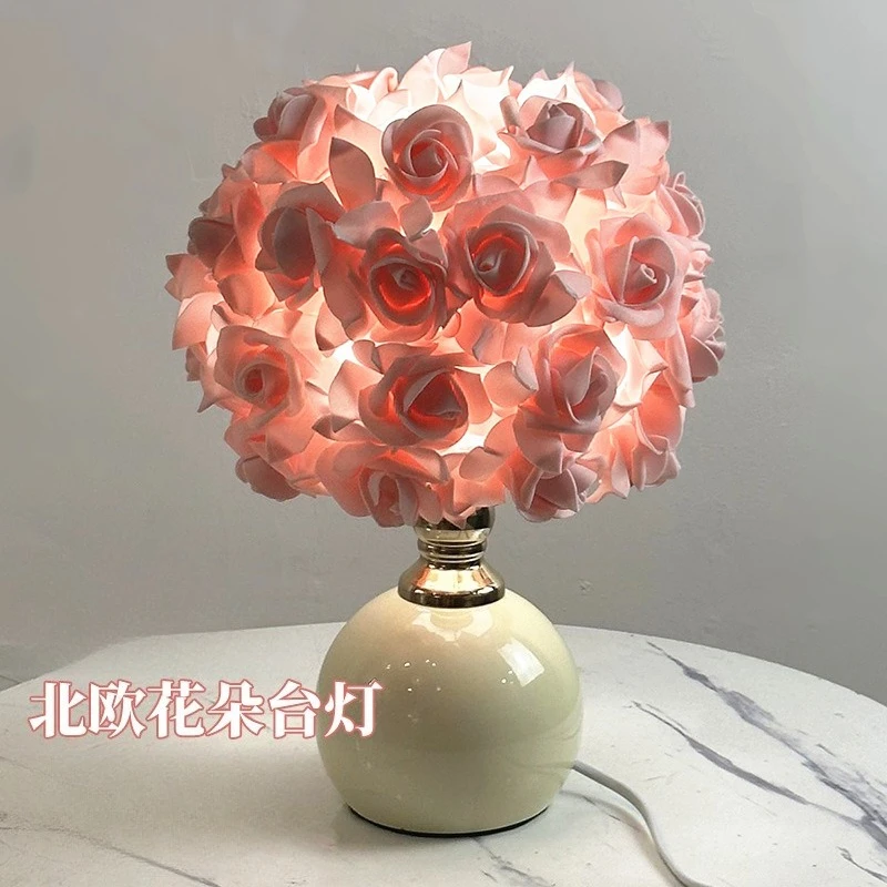 

Simple rose table lamp pink white simple bedroom romantic atmosphere bedside lamp girl lighting decoration