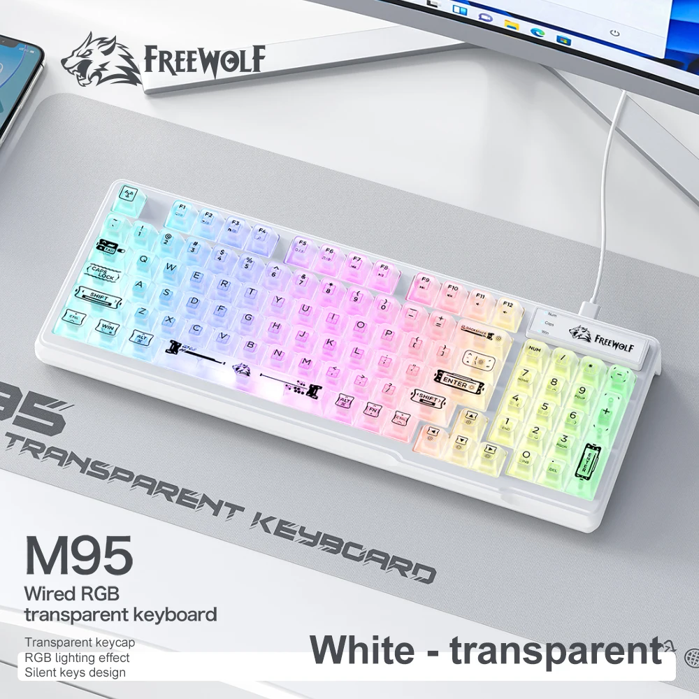 

FREEWOLF M95 Quiet Keyboard Silent,75% Frosted Transparent Case RGB Backlit,Anime Design Keycaps,Quiet for Gaming/Office