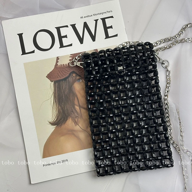 

SHINE Vintage Literature Beaded Woven Phone Purses Handmade Designer Luxury Balck Hollow Out Metal Chain Ladies Crossbody Bags