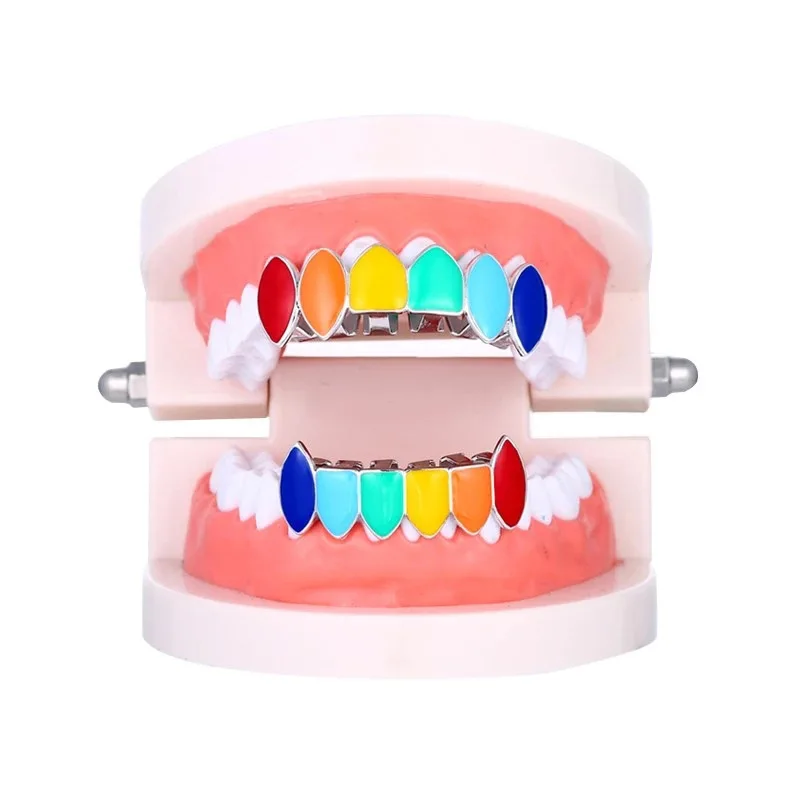 Hiphop Multi Color Druppel Olie Cz Tanden Grillz Caps Kubieke Zirkoon Iced Out Microtop & Bottom Charm Grills Voor Mannen Vrouwen Sieraden Xmas