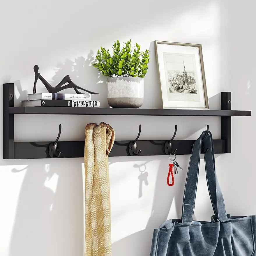 BAMEOS Wall-Mounted Shelf with Hooks - 28.9 Inch Entryway Hanging Shelf with 5 Dual Hooks for Bathroom Living Room Bedroom