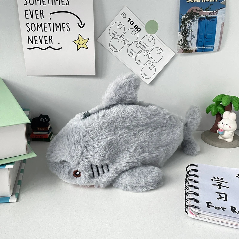 Cute Plush Ocean Shark Pencil Case Cosmetic Bag Portable Large Capacity Pen Pouch Stationery Storage Box School Office Supplies